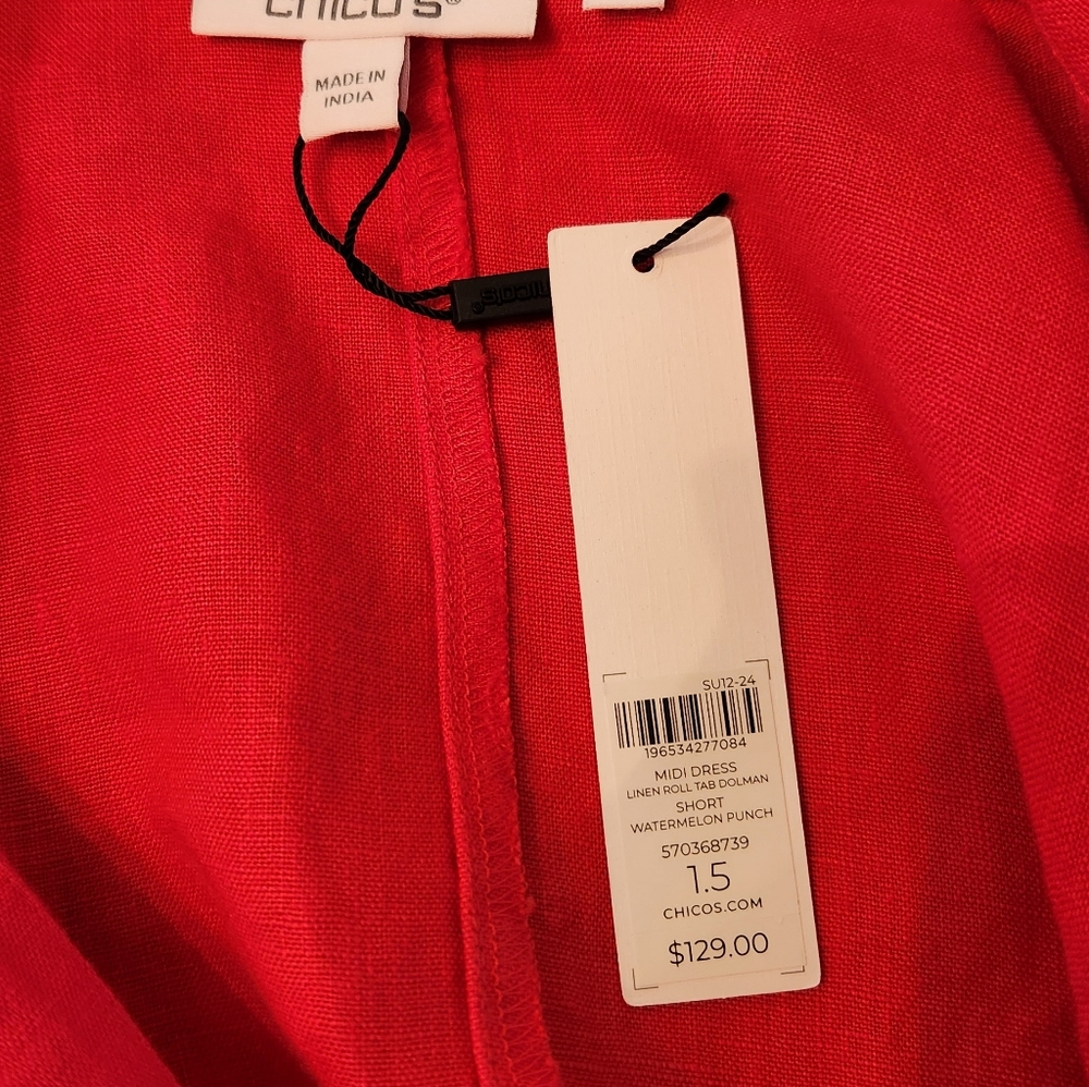 NEW Chicos Linen Roll Tab Sleeve Midi Dress in Watermelon Punch Size 1.5 US 10 - Picture 7 of 10